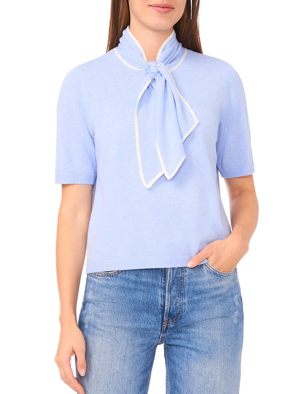 CeCe Sweet Blue Tie-Neck Short Sleeve Knit Top